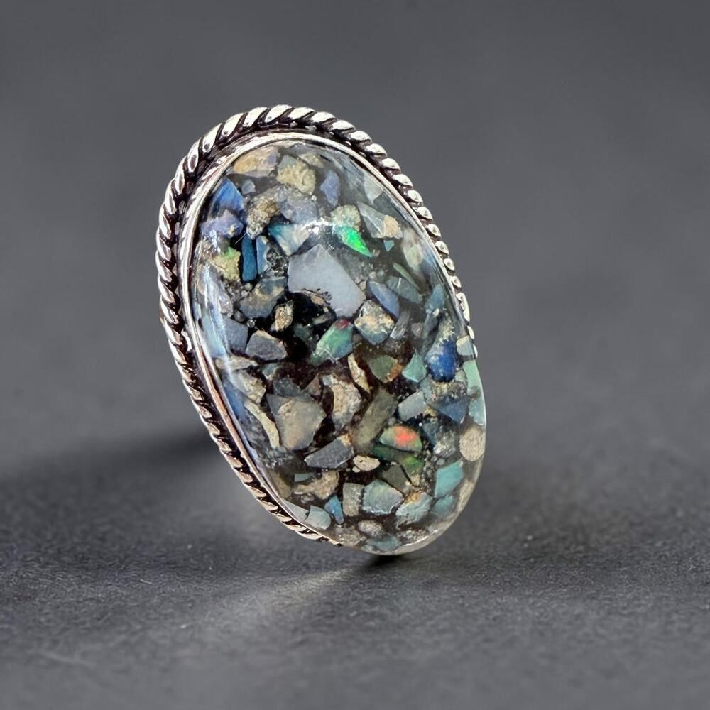 Ethiopian Opal Chip Inlay 925 Silver Plated Ring